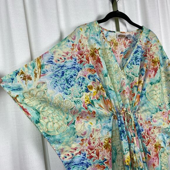 Collections Etc. Vintage Tropical Turtle Floral Caftan MuMu Cover Up Sz.OS - Picture 4 of 11
